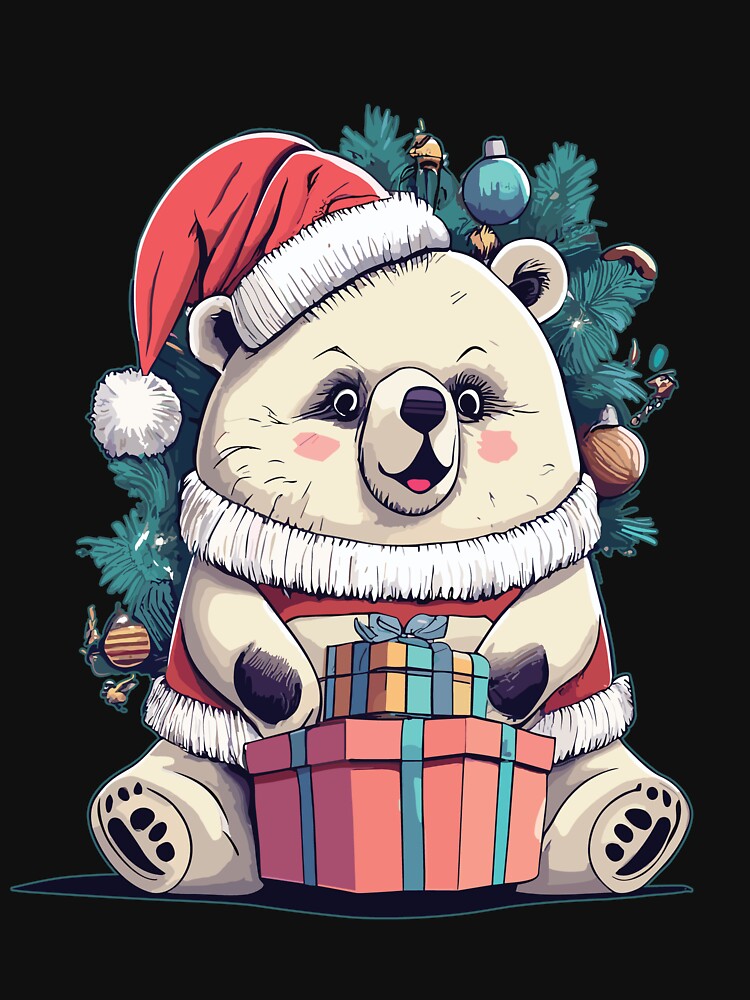Discover Happy Polar Bear Santa Hat with Christmas Present  T-Shirt