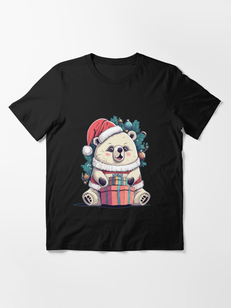 Disover Happy Polar Bear Santa Hat with Christmas Present  T-Shirt