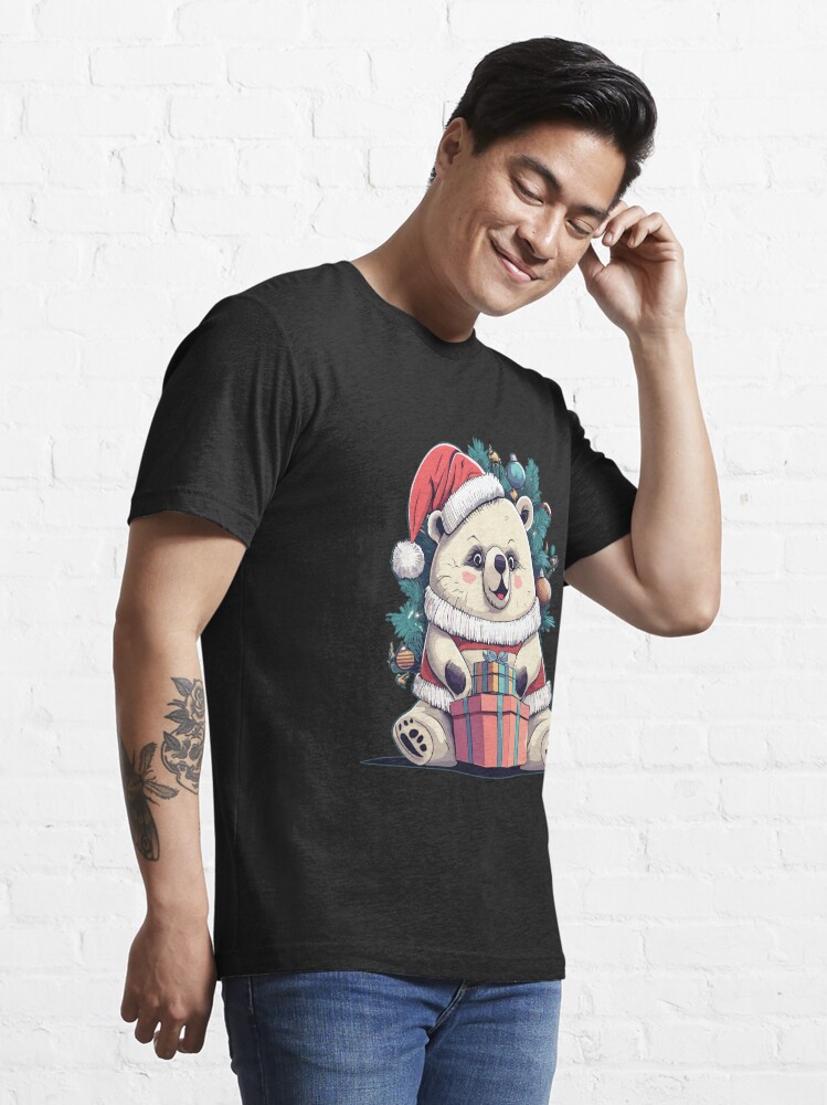 Disover Happy Polar Bear Santa Hat with Christmas Present  T-Shirt