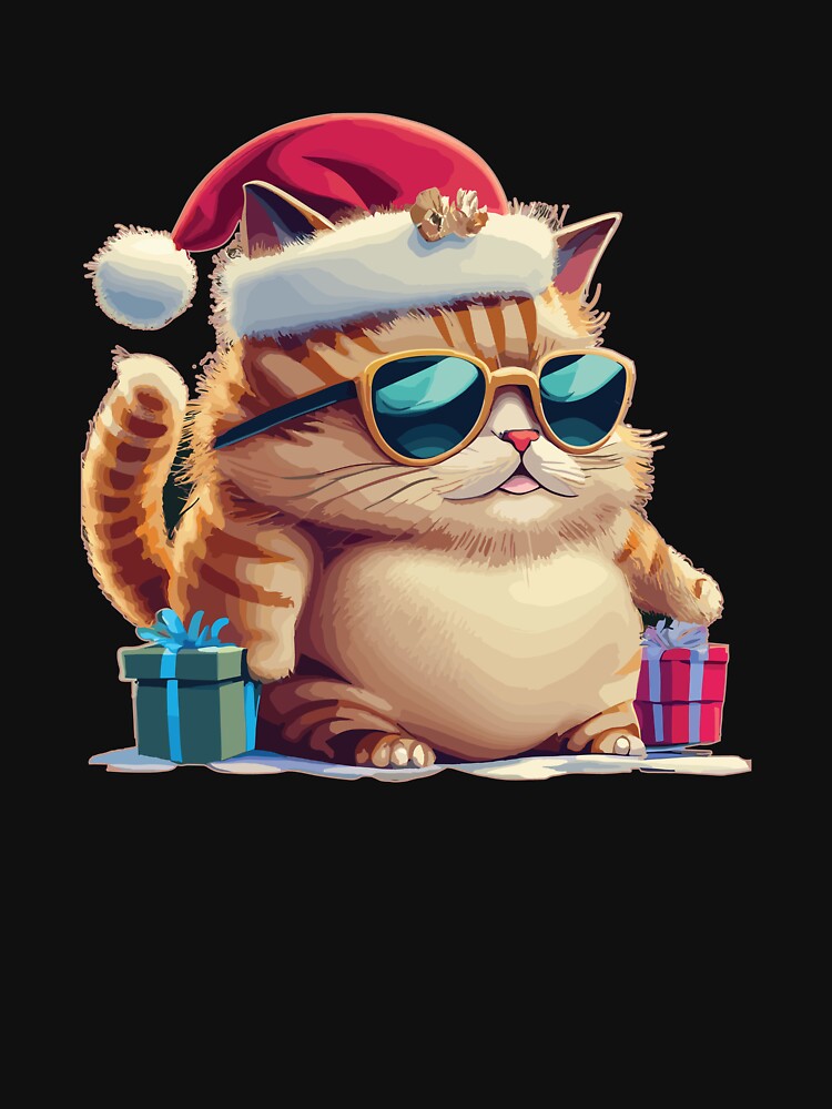 Discover Cute Cat Santa Hat Chilling With Christmas Present  T-Shirt