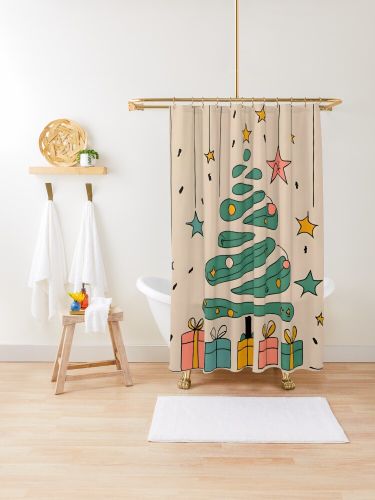 Thumbnail 1 of 5, Shower Curtain, Modern Christmas Tree Minimalistic Drawing designed and sold by Patricks-Art.