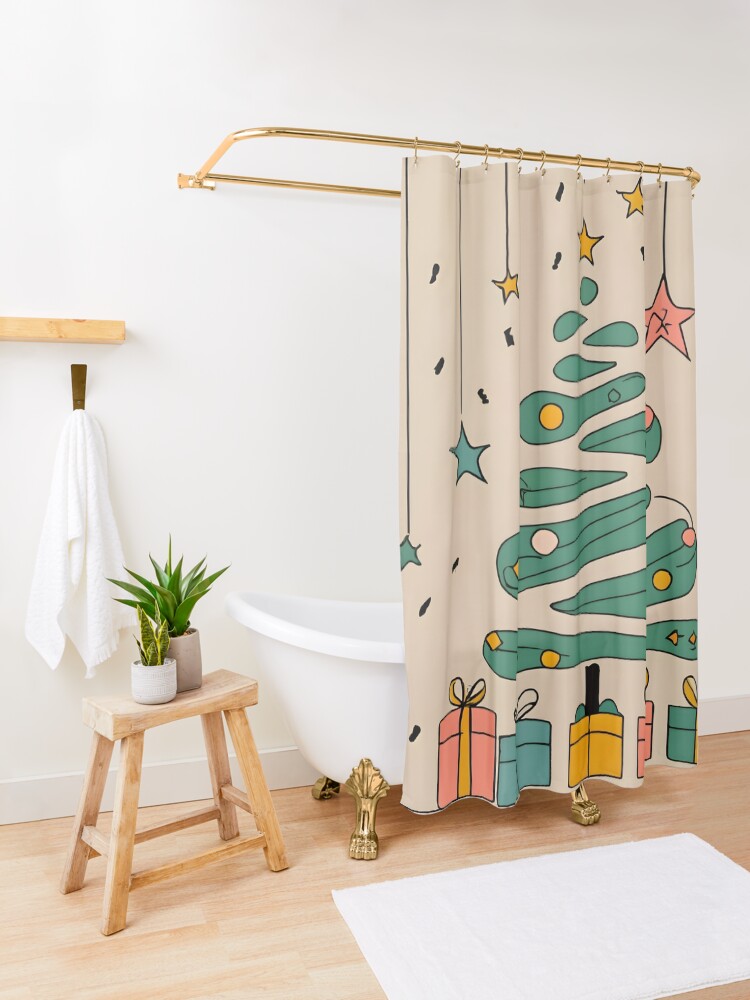 Thumbnail 3 of 5, Shower Curtain, Modern Christmas Tree Minimalistic Drawing designed and sold by Patricks-Art.