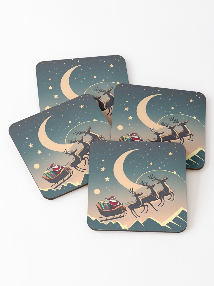 Thumbnail 1 of 5, Coasters (Set of 4), Santa Claus in sleigh with reindeers Minimalistic Drawing designed and sold by Patricks-Art.