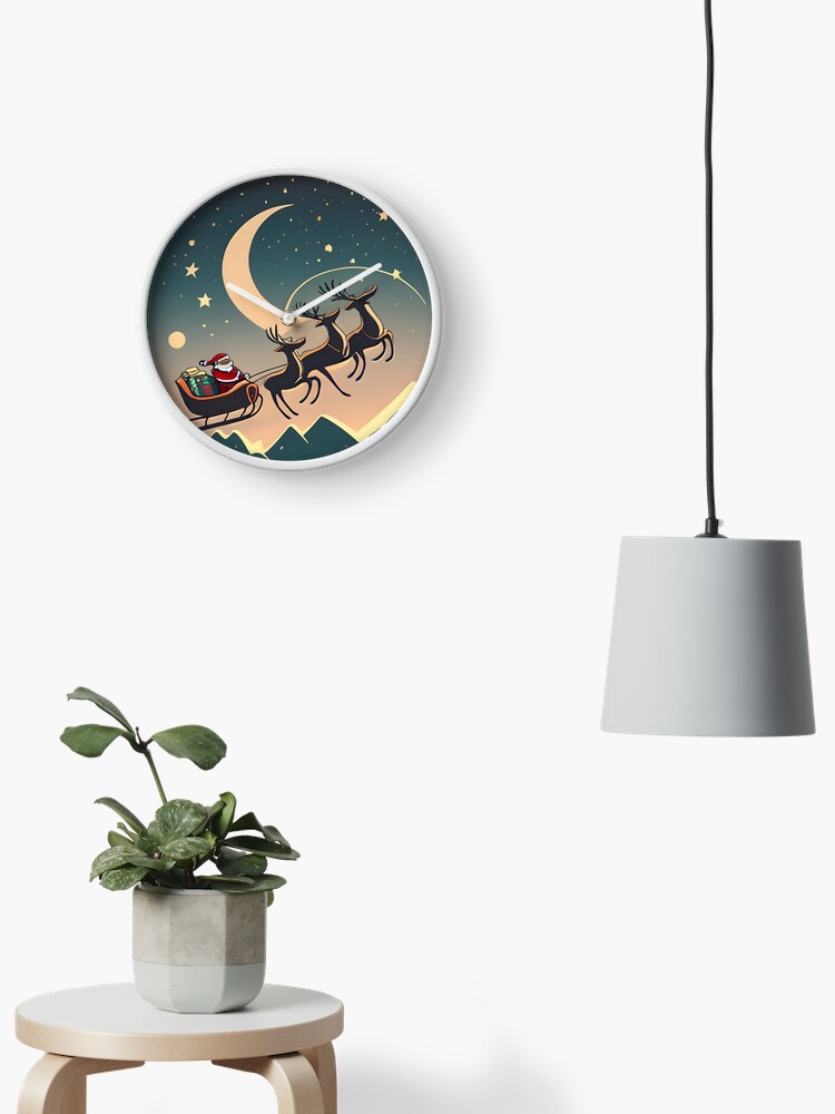 Thumbnail 2 of 4, Clock, Santa Claus in sleigh with reindeers Minimalistic Drawing designed and sold by Patricks-Art.