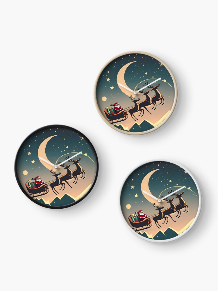 Thumbnail 3 of 4, Clock, Santa Claus in sleigh with reindeers Minimalistic Drawing designed and sold by Patricks-Art.