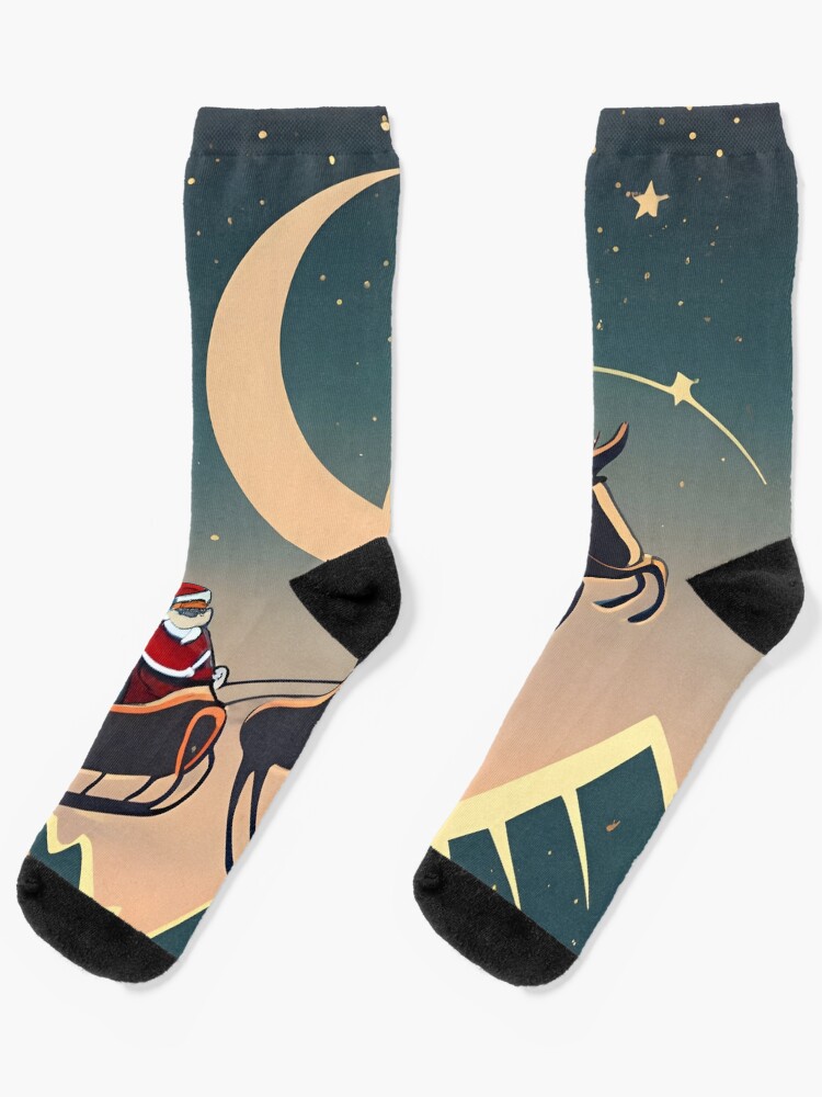 Thumbnail 1 of 5, Socks, Santa Claus in sleigh with reindeers Minimalistic Drawing designed and sold by Patricks-Art.