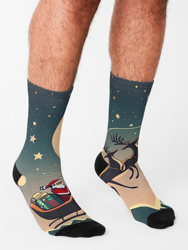 Thumbnail 3 of 5, Socks, Santa Claus in sleigh with reindeers Minimalistic Drawing designed and sold by Patricks-Art.