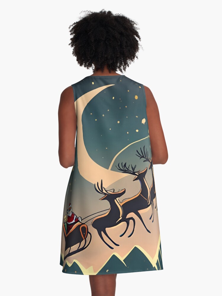 Thumbnail 3 of 4, A-Line Dress, Santa Claus in sleigh with reindeers Minimalistic Drawing designed and sold by Patricks-Art.