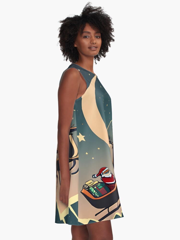 Thumbnail 2 of 4, A-Line Dress, Santa Claus in sleigh with reindeers Minimalistic Drawing designed and sold by Patricks-Art.