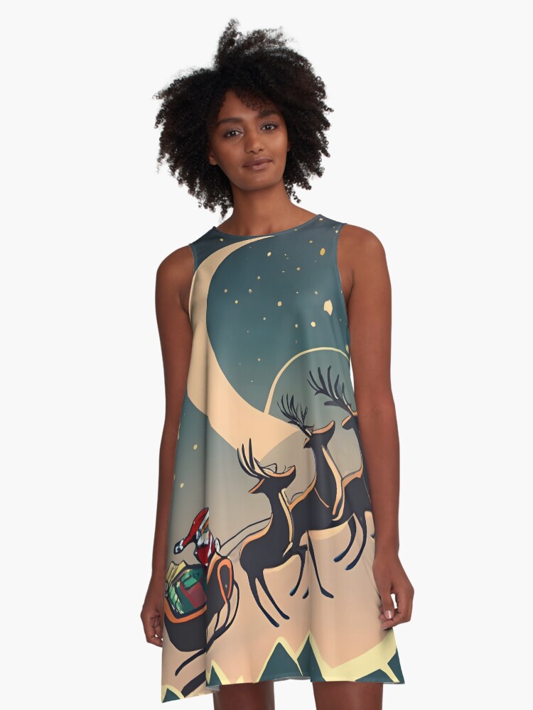 Thumbnail 1 of 4, A-Line Dress, Santa Claus in sleigh with reindeers Minimalistic Drawing designed and sold by Patricks-Art.
