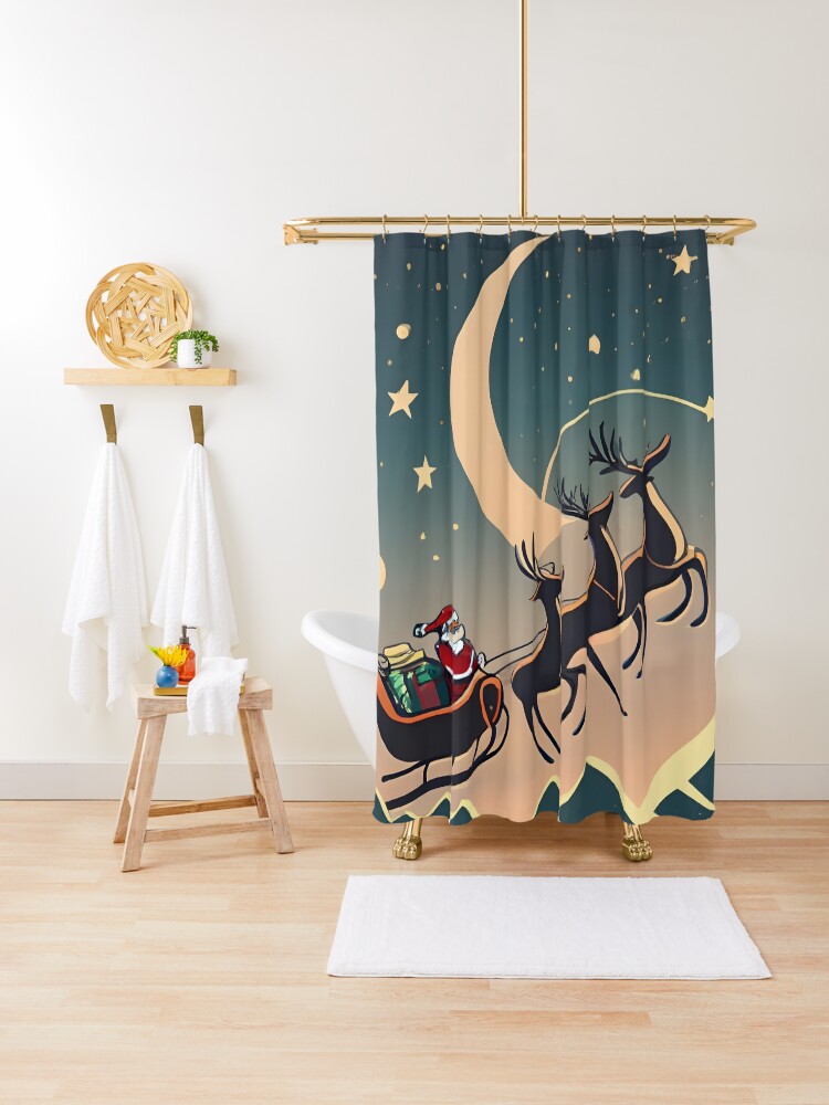 Thumbnail 1 of 5, Shower Curtain, Santa Claus in sleigh with reindeers Minimalistic Drawing designed and sold by Patricks-Art.