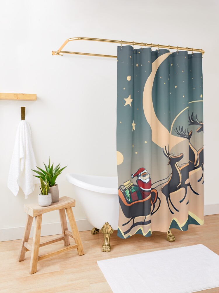 Thumbnail 3 of 5, Shower Curtain, Santa Claus in sleigh with reindeers Minimalistic Drawing designed and sold by Patricks-Art.