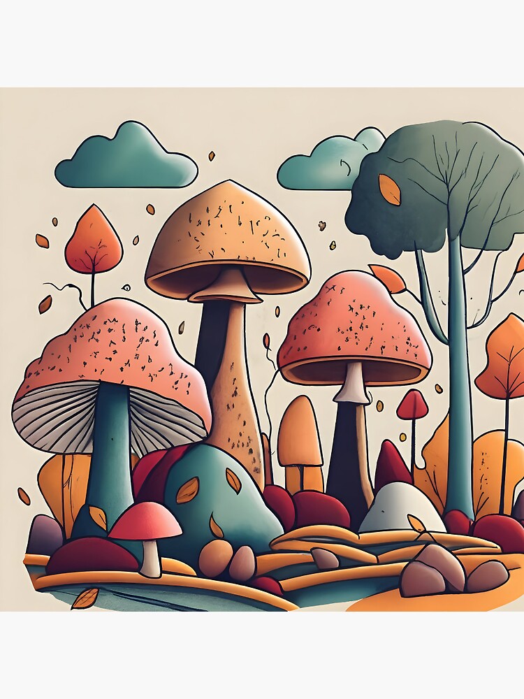 Thumbnail 3 of 3, Pin, Autumn Landscape with Mushrooms Drawing designed and sold by Patricks-Art.