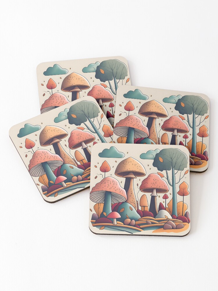 Thumbnail 1 of 5, Coasters (Set of 4), Autumn Landscape with Mushrooms Drawing designed and sold by Patricks-Art.