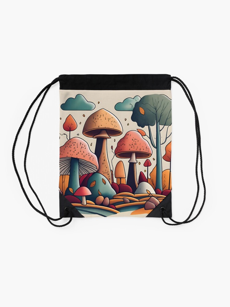 Thumbnail 2 of 3, Drawstring Bag, Autumn Landscape with Mushrooms Drawing designed and sold by Patricks-Art.