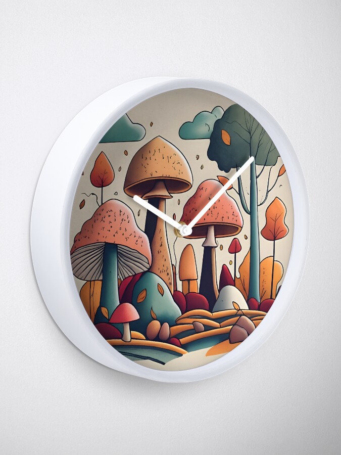 Thumbnail 2 of 4, Clock, Autumn Landscape with Mushrooms Drawing designed and sold by Patricks-Art.