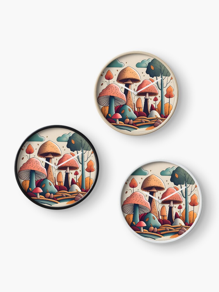 Thumbnail 3 of 4, Clock, Autumn Landscape with Mushrooms Drawing designed and sold by Patricks-Art.