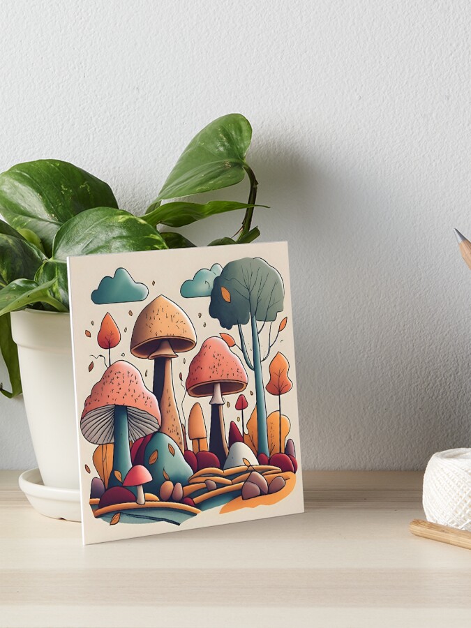 Thumbnail 1 of 2, Art Board Print, Autumn Landscape with Mushrooms Drawing designed and sold by Patricks-Art.