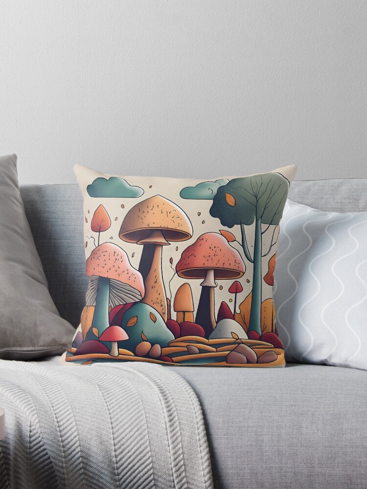 Thumbnail 1 of 4, Pillow, Autumn Landscape with Mushrooms Drawing designed and sold by Patricks-Art.