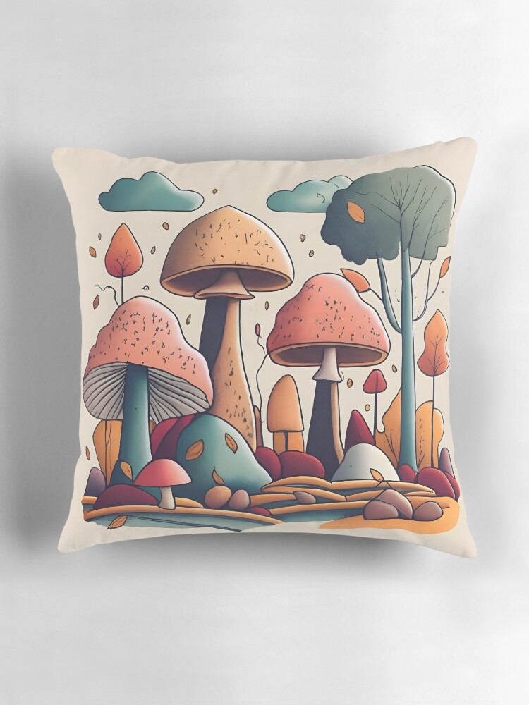 Thumbnail 3 of 4, Pillow, Autumn Landscape with Mushrooms Drawing designed and sold by Patricks-Art.