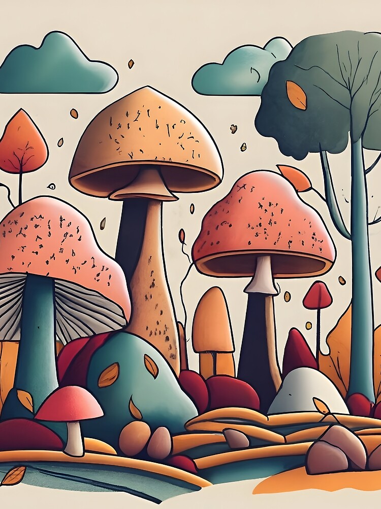 Thumbnail 5 of 5, Graphic T-Shirt, Autumn Landscape with Mushrooms Drawing designed and sold by Patricks-Art.