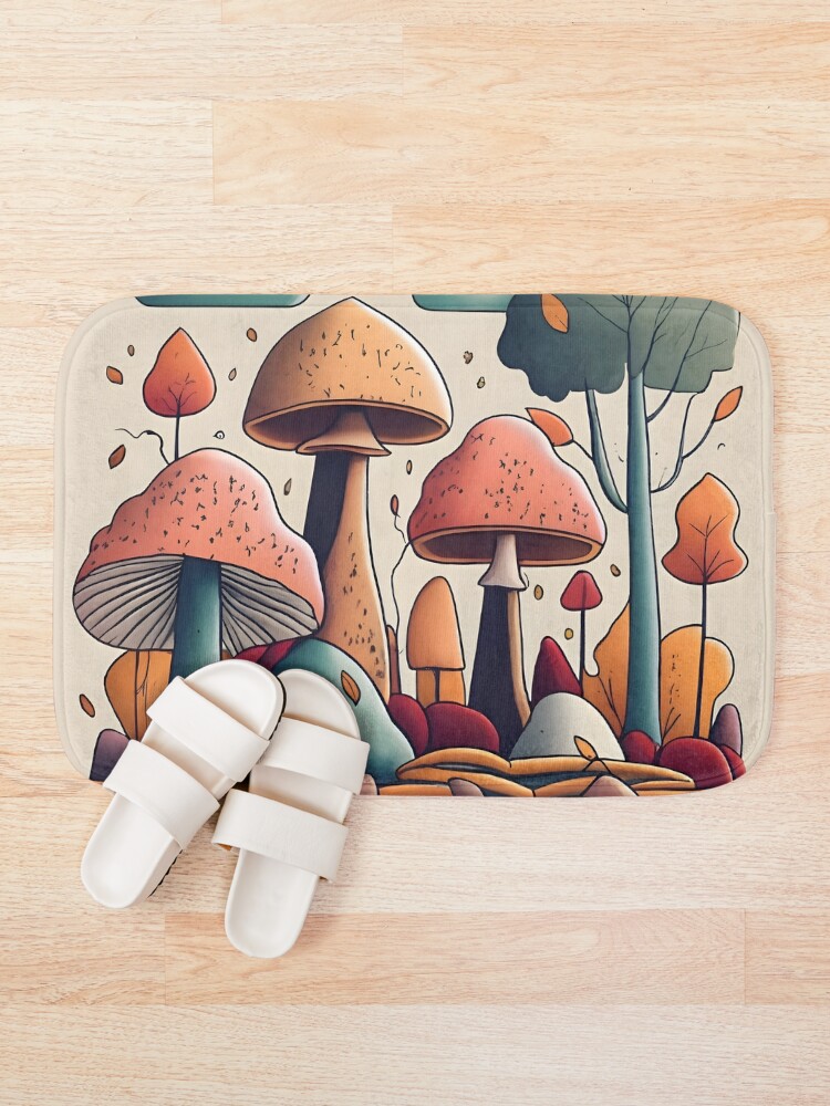 Thumbnail 1 of 6, Bath Mat, Autumn Landscape with Mushrooms Drawing designed and sold by Patricks-Art.