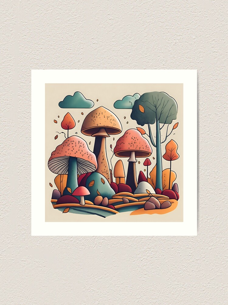 Thumbnail 1 of 3, Art Print, Autumn Landscape with Mushrooms Drawing designed and sold by Patricks-Art.