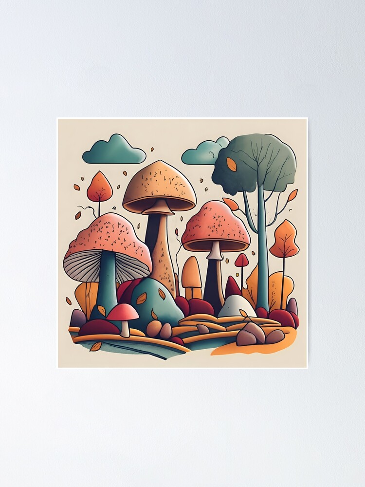 Thumbnail 1 of 3, Poster, Autumn Landscape with Mushrooms Drawing designed and sold by Patricks-Art.