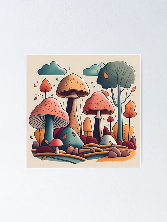 Thumbnail 1 of 3, Poster, Autumn Landscape with Mushrooms Drawing designed and sold by Patricks-Art.