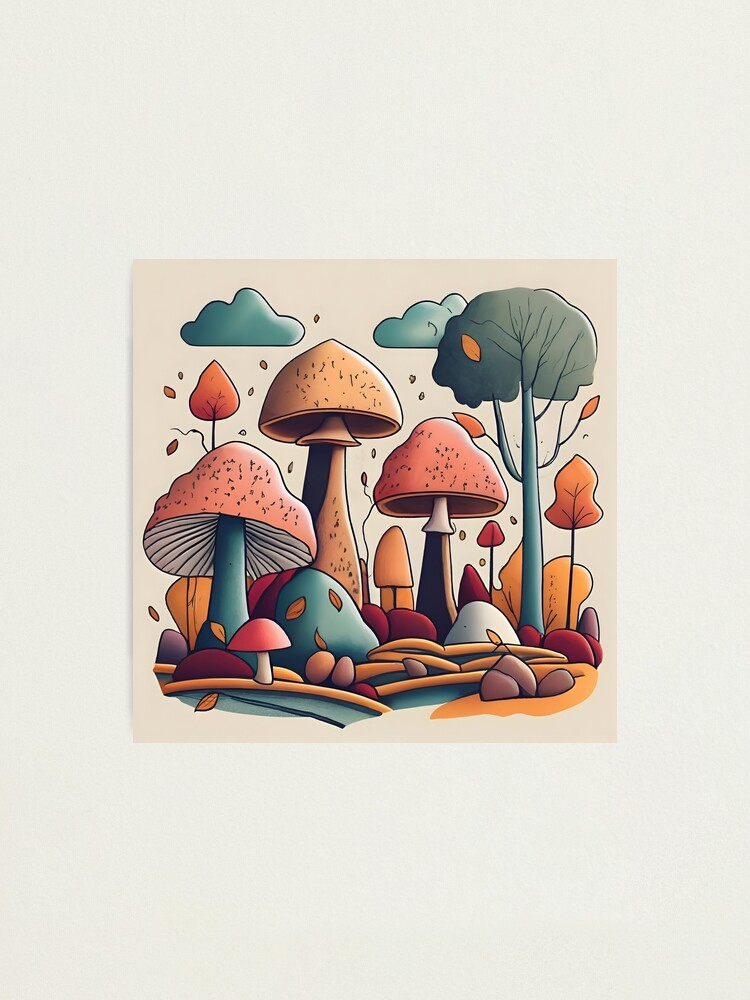 Thumbnail 2 of 3, Photographic Print, Autumn Landscape with Mushrooms Drawing designed and sold by Patricks-Art.