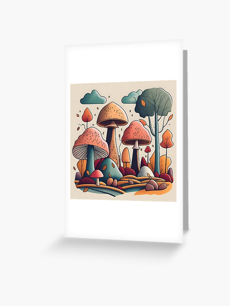 Thumbnail 1 of 2, Greeting Card, Autumn Landscape with Mushrooms Drawing designed and sold by Patricks-Art.