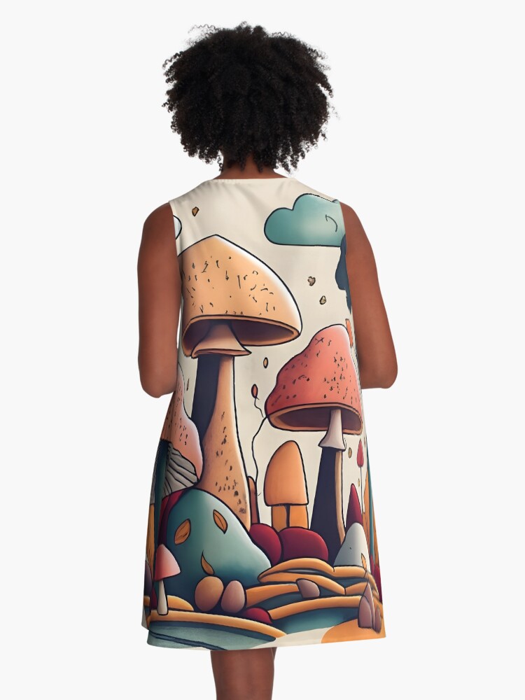Thumbnail 3 of 4, A-Line Dress, Autumn Landscape with Mushrooms Drawing designed and sold by Patricks-Art.