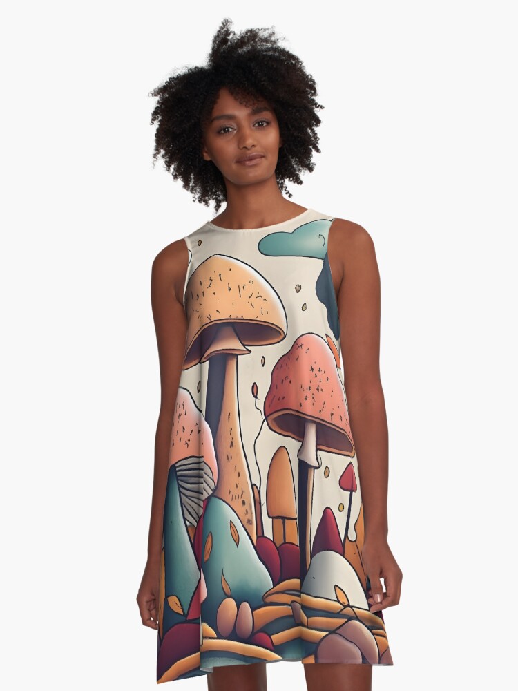 Thumbnail 1 of 4, A-Line Dress, Autumn Landscape with Mushrooms Drawing designed and sold by Patricks-Art.
