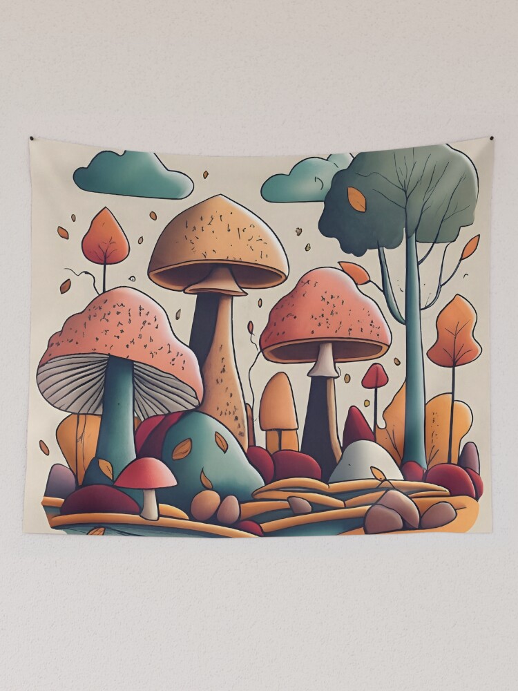 Thumbnail 2 of 3, Tapestry, Autumn Landscape with Mushrooms Drawing designed and sold by Patricks-Art.