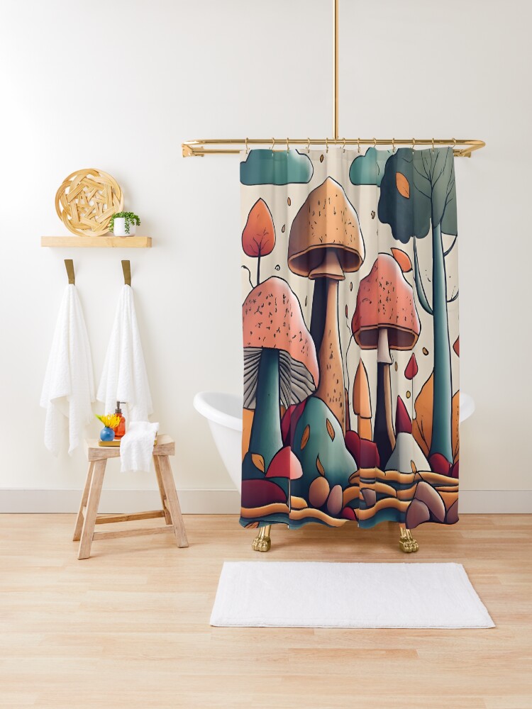 Thumbnail 1 of 5, Shower Curtain, Autumn Landscape with Mushrooms Drawing designed and sold by Patricks-Art.
