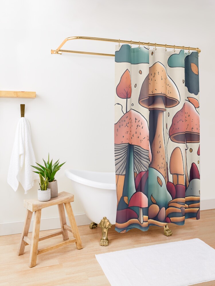 Thumbnail 3 of 5, Shower Curtain, Autumn Landscape with Mushrooms Drawing designed and sold by Patricks-Art.