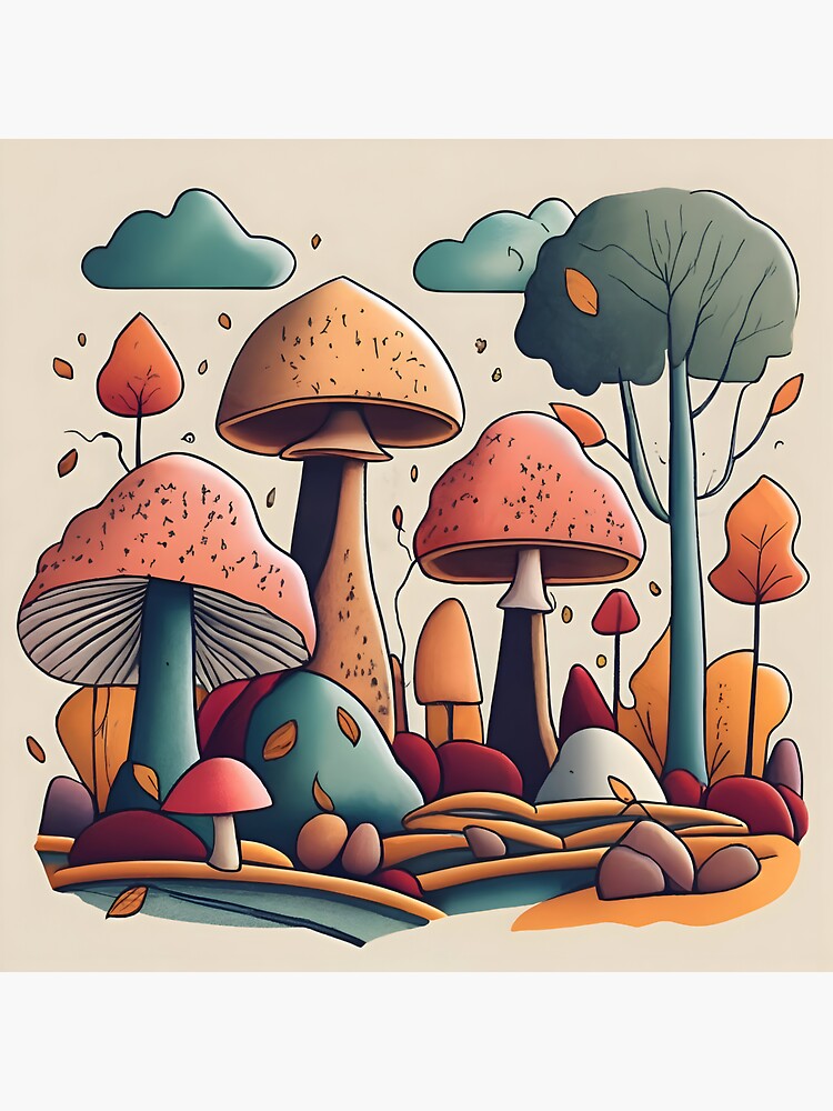 Thumbnail 3 of 3, Sticker, Autumn Landscape with Mushrooms Drawing designed and sold by Patricks-Art.
