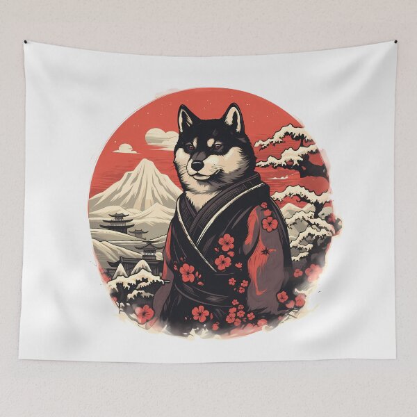 Item preview, Black Shiba Inu Dog Samurai in Floral Hakama designed and sold by laika-et-al.