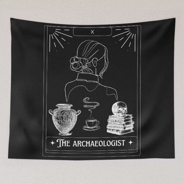 Item preview, The Archaeologist Tarot Card - Explorer Woman with antique ceramic vase, skull on books and coffee  - Tarot Art - Halloween designed and sold by Carola-art.