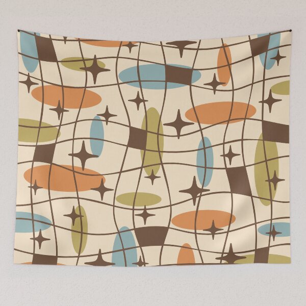 Item preview, Mid Century Modern Atomic Age Cosmic Pattern 530 Mid Mod Orange Brown Blue and Olive Green designed and sold by tonymagnerart.