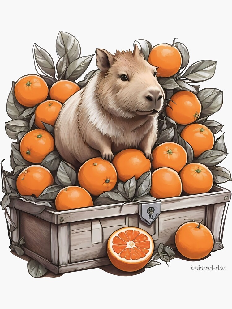 Capybara nestled in a chest overflowing with oranges Sticker for Sale by  twisted-dot