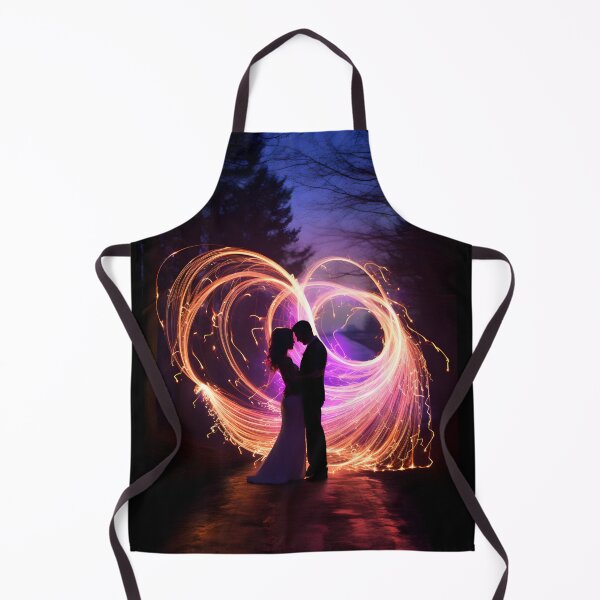 Item preview, Night photography of a couple in love surrounded by swirling fluorescent light trails and love lines designed and sold by AI-Only Creations.