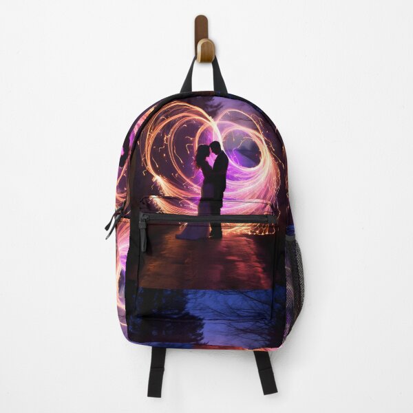 Item preview, Night photography of a couple in love surrounded by swirling fluorescent light trails and love lines designed and sold by AI-Only Creations.