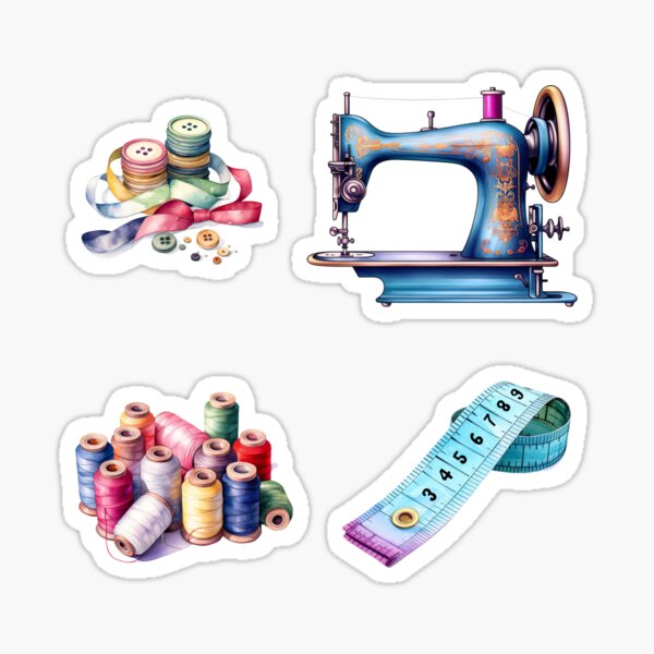 Sewing Tools and Notions Art Sticker Set | Stickers | Vintage | Thread |  Sew | Sewing Stickers | Retro | Needle | Thimble | Buttons | Pins