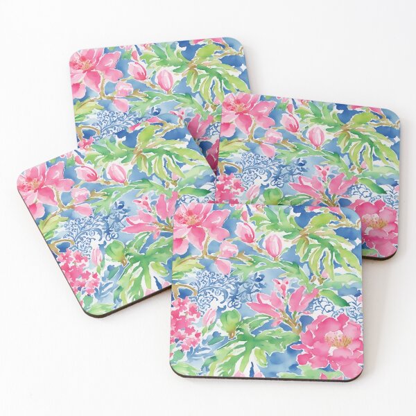 Item preview, Pink, blue and green preppy flowers and leaves watercolor doodle designed and sold by SophieClimaArt.