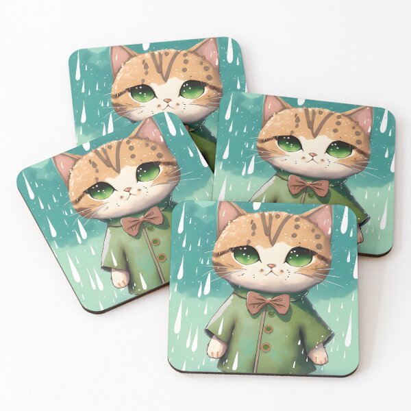 Item preview, Cute Watercolor Green Raincore Rainy Day Tabby Cat in Jacket and Bowtie Kawaii Animie Japanese Art Style designed and sold by ScarletGoldenOx.