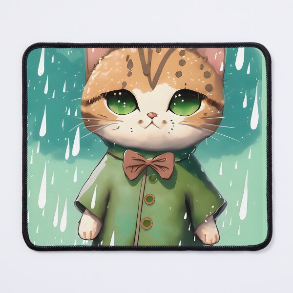 Item preview, Cute Watercolor Green Raincore Rainy Day Tabby Cat in Jacket and Bowtie Kawaii Animie Japanese Art Style designed and sold by ScarletGoldenOx.
