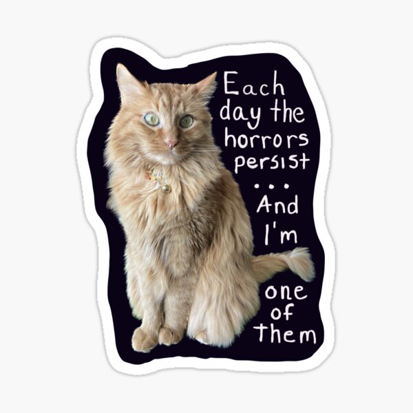 Vista previa del artículo con la obra «Los horrores persisten - Meme del gato naranja», diseñado y vendido por Kara Cooper.
