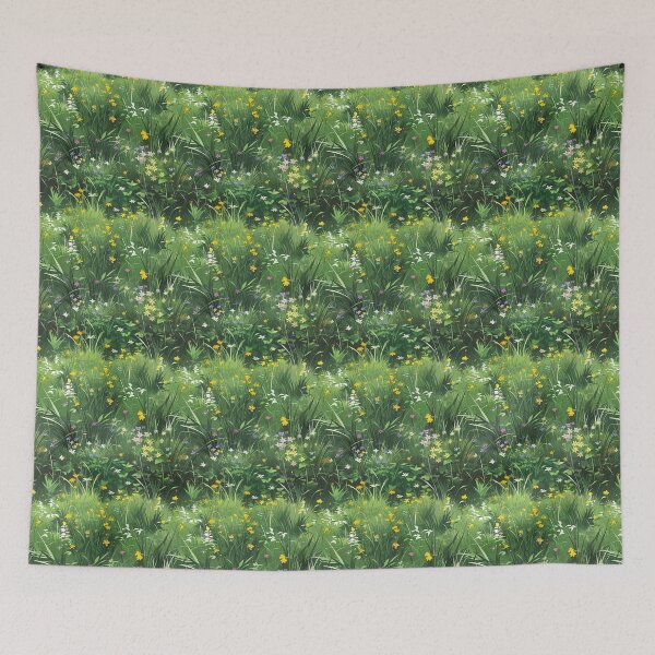 Aperçu de l'œuvre Champs d’herbe avec motif de fleurs – Paysage inspiré du Studio Ghibli créée et vendue par animaesthetic.
