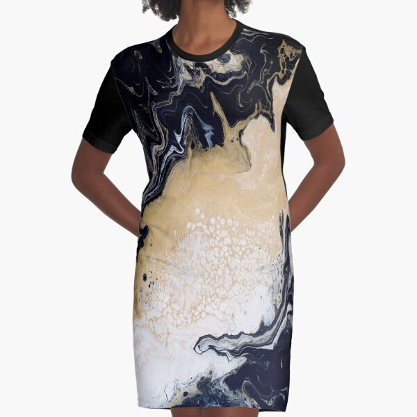 Black Gold Acrylic Pour Graphic T-Shirt Dress